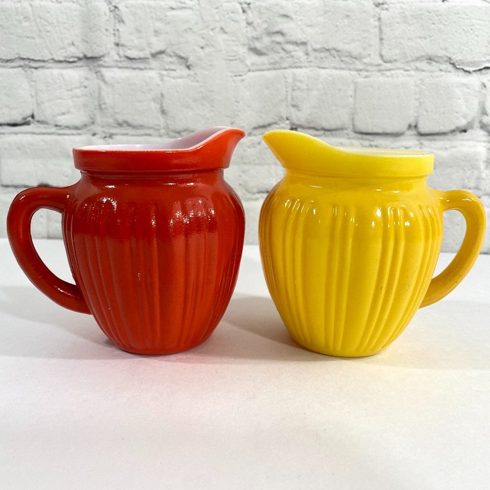 VINTAGE Hazel Atlas MILK GLASS Creamer Pitchers ORANGE & YELLOW Ribbed Platonite